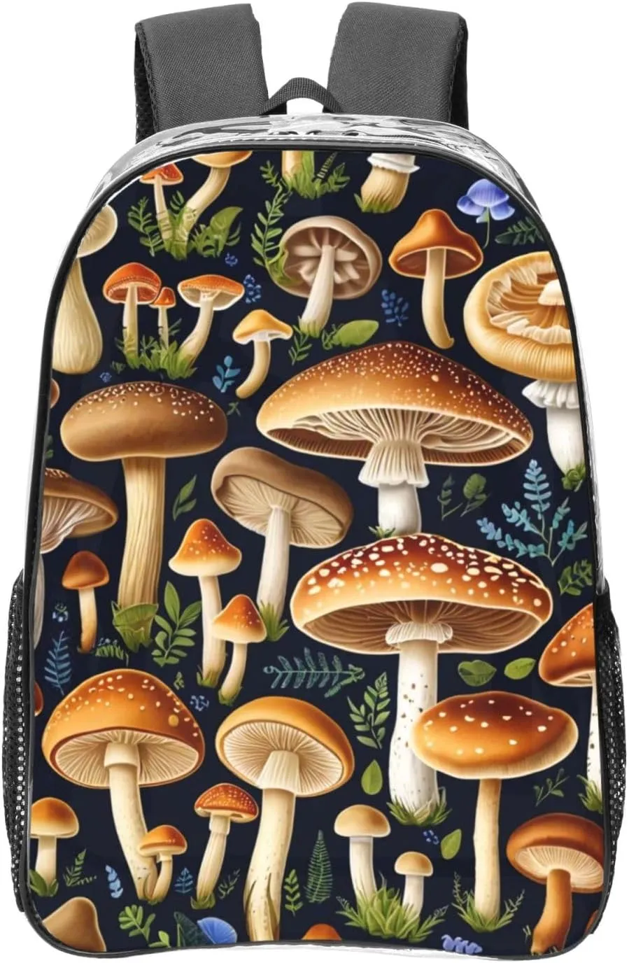 Travel Backpack for Men Women,Stylish Clear Sports Back Pack with Dual Side Mesh Pockets - Edible Mushrooms Print