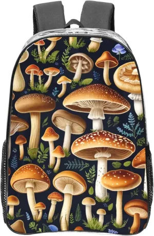 Travel Backpack for Men Women,Stylish Clear Sports Back Pack with Dual Side Mesh Pockets - Edible Mushrooms Print