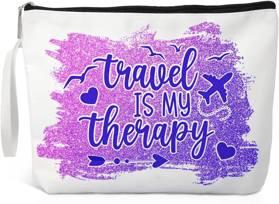 Travel Is My Therapy Makeup Bag, Funny Cosmetic Bag for Traveler, Travel Gifts for Women, Travel Agent Gifts for Friend, Vacation Cosmetic Bag for Besties Therapist