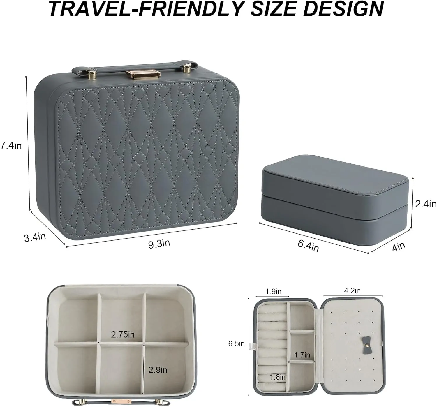 Travel Jewelry Case Large, Jewelry Box Large Jewelry Travel Organizer Jewelry Case with Handle, Best Gift for women Girls, Grey