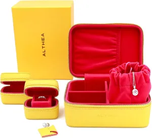 Travel Jewelry Case with 3 boxes for Earrings, Rings, Bracelets – Compact Organizer Box, Gift, Medium Size Storage Box, Premium Vegan Leather Ring Holder, Travel essentials, Barbie Edition|Yellow