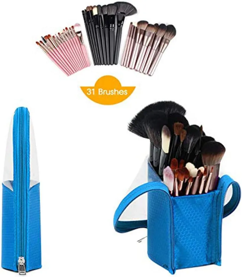Travel Make-up Brush Holder Organizer Bag，Clear Plastic&Oxford Cosmetic Zippered Case，Portable Waterproof Stand-Up Makeup Brush Pouch (blue)