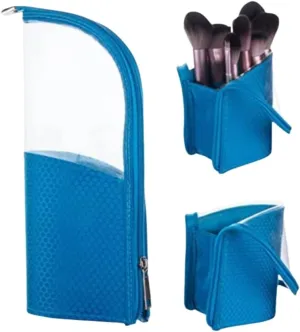 Travel Make-up Brush Holder Organizer Bag，Clear Plastic&Oxford Cosmetic Zippered Case，Portable Waterproof Stand-Up Makeup Brush Pouch (blue)