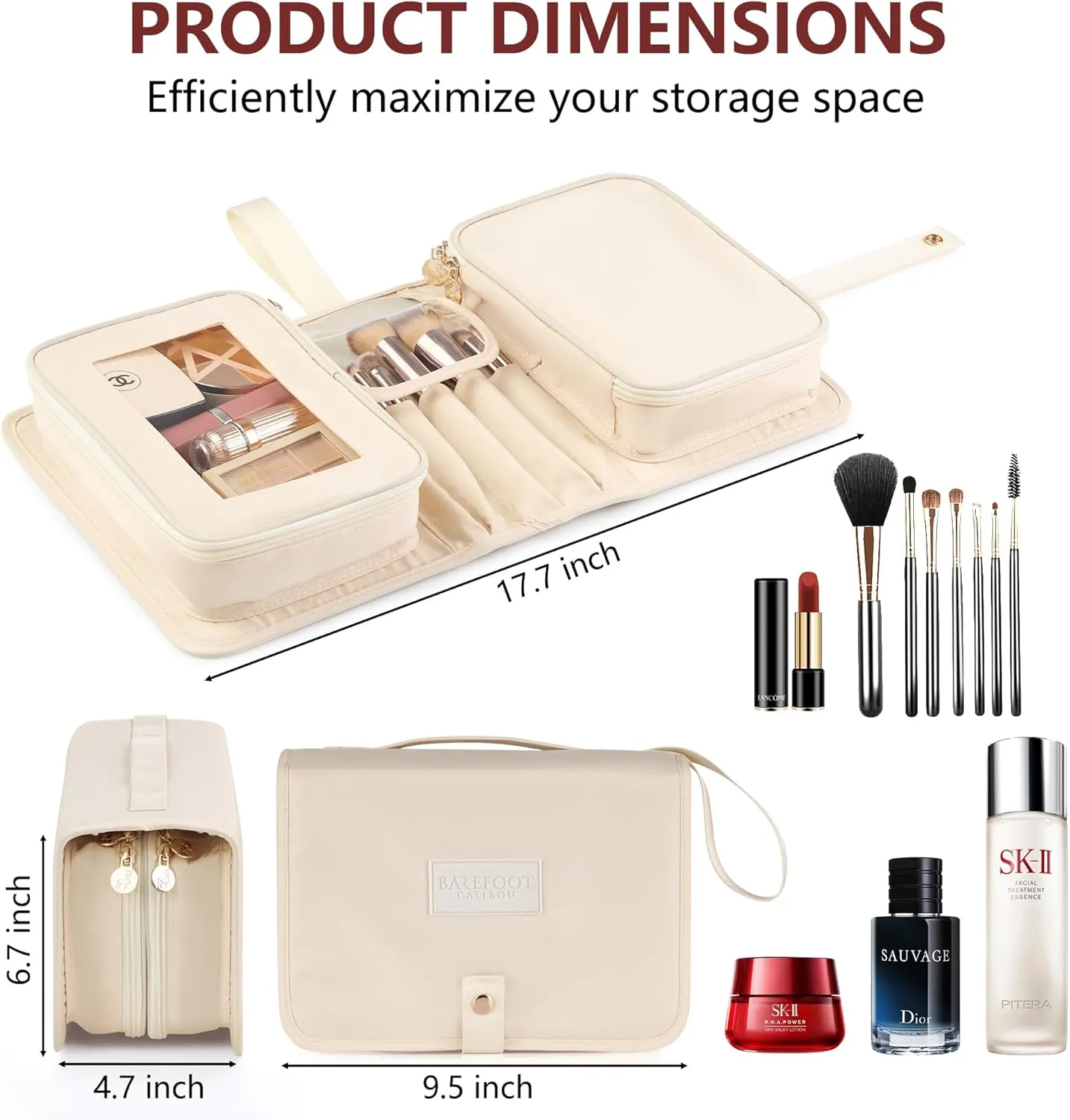 Travel Makeup Bag for Women for Cosmetics, Brushes, and Toiletries, Compact and Portable Makeup Organizer, Large Capacity Storage Cosmetic Bag for Business, Vacation, or Weekend Traveling (Ivory)