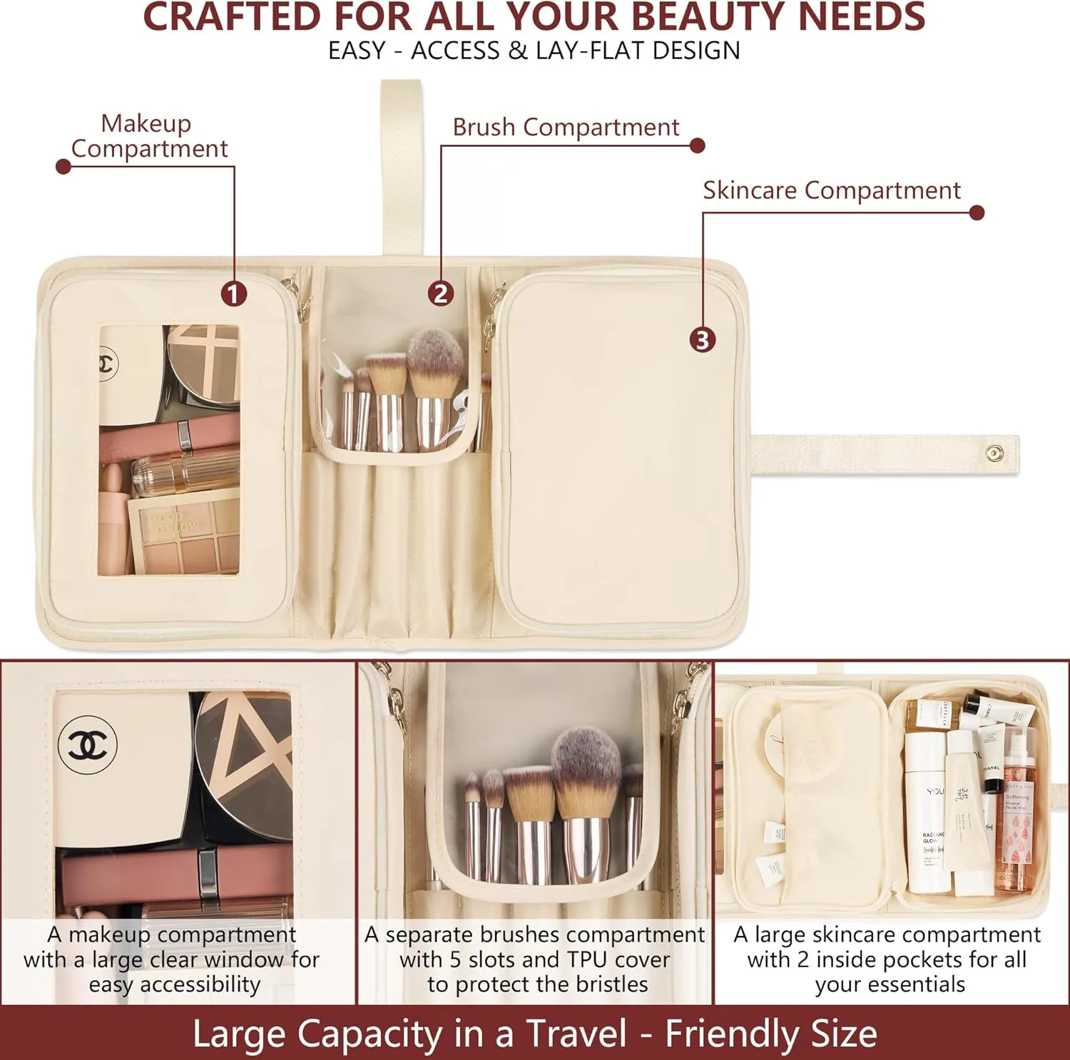 Travel Makeup Bag for Women for Cosmetics, Brushes, and Toiletries, Compact and Portable Makeup Organizer, Large Capacity Storage Cosmetic Bag for Business, Vacation, or Weekend Traveling (Ivory)
