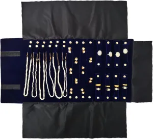 Travel Roll Bag Jewelry Display Storage Organizer Multi-function Velvet Pouch (Blue)