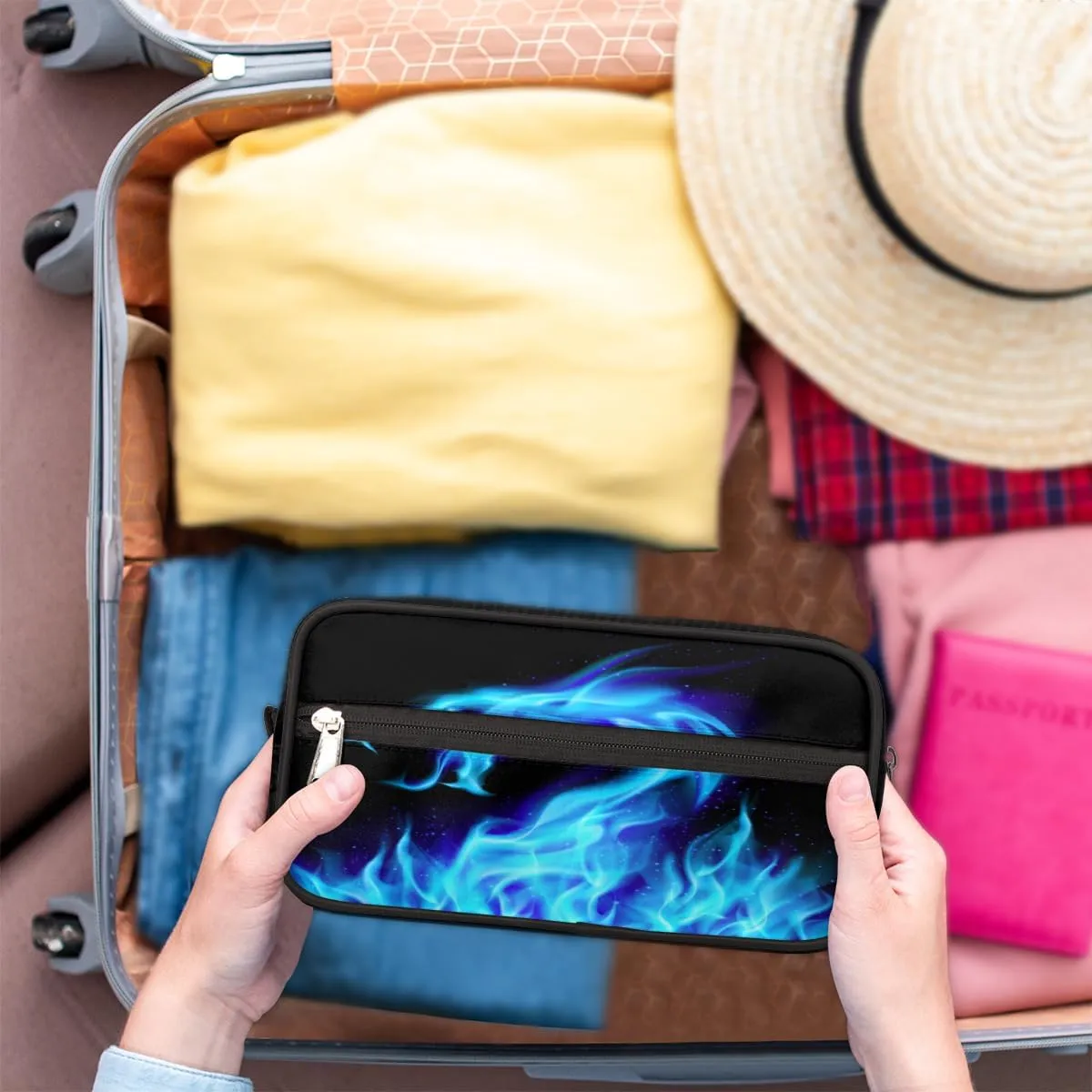 Travel Toiletry Bag for Boys Men, Waterproof Hanging Dopp Kit for Women, Shaving Bag with Large Capacity for Travel,Sports Shower (Fire Dragon Blue)