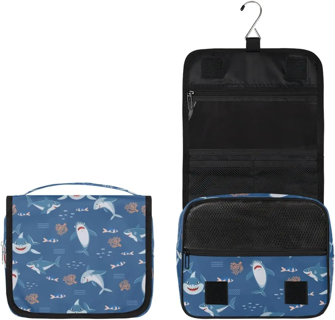 Travel Toiletry Bag for Boys Men with Hanging Hook Navy Blue Cute Nautical Fish Ocean Shark Makeup Cosmetic Bag Organizer Travel Bag for Toiletries Essentials Accessories, Large Size