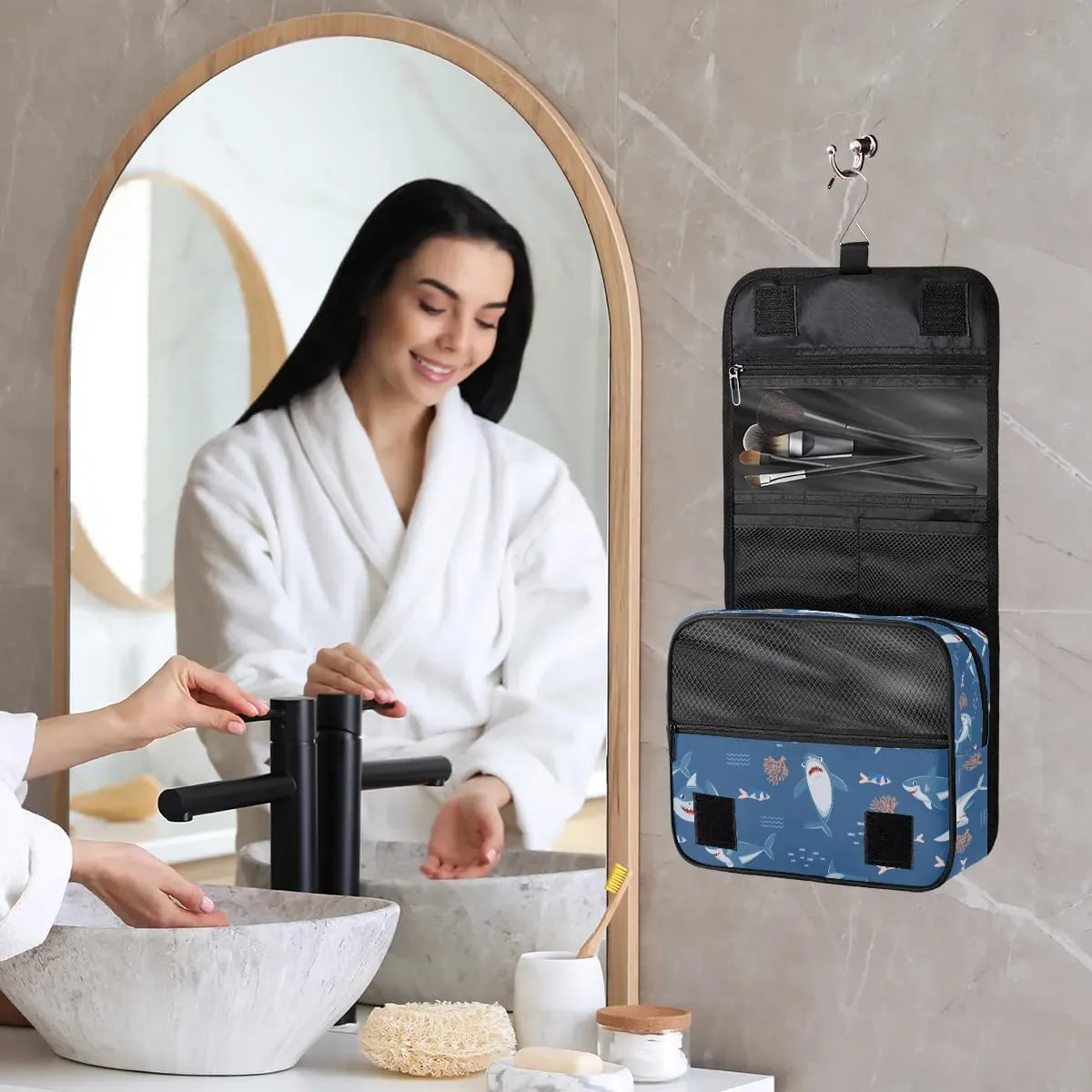 Travel Toiletry Bag for Boys Men with Hanging Hook Navy Blue Cute Nautical Fish Ocean Shark Makeup Cosmetic Bag Organizer Travel Bag for Toiletries Essentials Accessories, Large Size