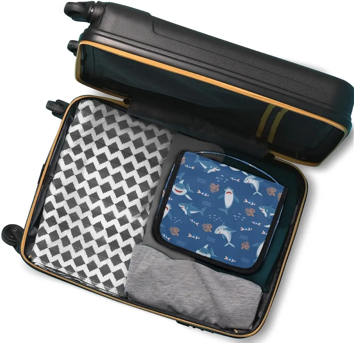 Travel Toiletry Bag for Boys Men with Hanging Hook Navy Blue Cute Nautical Fish Ocean Shark Makeup Cosmetic Bag Organizer Travel Bag for Toiletries Essentials Accessories, Large Size