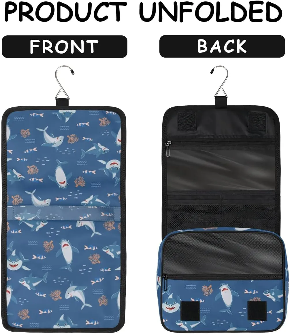 Travel Toiletry Bag for Boys Men with Hanging Hook Navy Blue Cute Nautical Fish Ocean Shark Makeup Cosmetic Bag Organizer Travel Bag for Toiletries Essentials Accessories, Large Size