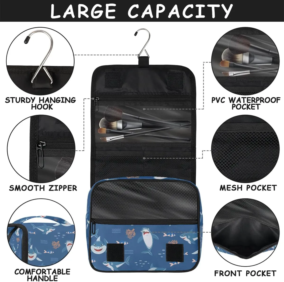 Travel Toiletry Bag for Boys Men with Hanging Hook Navy Blue Cute Nautical Fish Ocean Shark Makeup Cosmetic Bag Organizer Travel Bag for Toiletries Essentials Accessories, Large Size