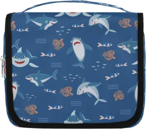 Travel Toiletry Bag for Boys Men with Hanging Hook Navy Blue Cute Nautical Fish Ocean Shark Makeup Cosmetic Bag Organizer Travel Bag for Toiletries Essentials Accessories, Large Size