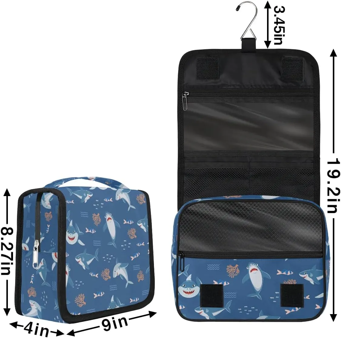 Travel Toiletry Bag for Boys Men with Hanging Hook Navy Blue Cute Nautical Fish Ocean Shark Makeup Cosmetic Bag Organizer Travel Bag for Toiletries Essentials Accessories, Large Size