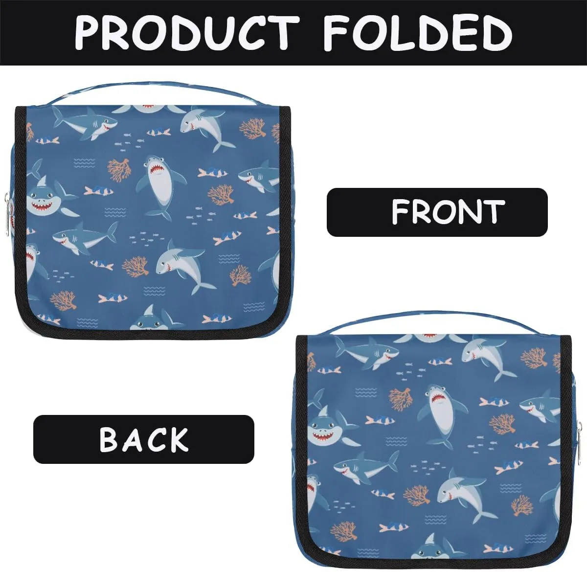 Travel Toiletry Bag for Boys Men with Hanging Hook Navy Blue Cute Nautical Fish Ocean Shark Makeup Cosmetic Bag Organizer Travel Bag for Toiletries Essentials Accessories, Large Size