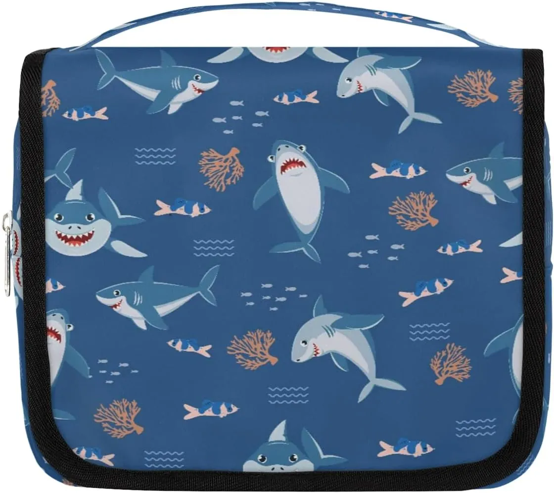 Travel Toiletry Bag for Boys Men with Hanging Hook Navy Blue Cute Nautical Fish Ocean Shark Makeup Cosmetic Bag Organizer Travel Bag for Toiletries Essentials Accessories, Large Size