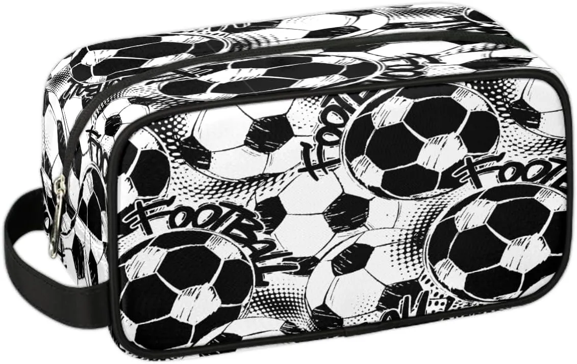 Travel Toiletry Bag for Boys, Waterproof Hanging Dopp Kit for Men, Shaving Bag with Large Capacity for Travel,Sports Shower (Black White Soccer)