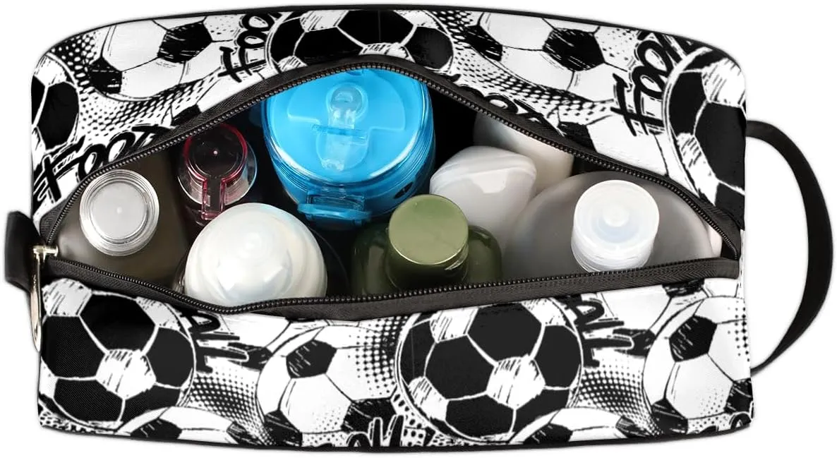 Travel Toiletry Bag for Boys, Waterproof Hanging Dopp Kit for Men, Shaving Bag with Large Capacity for Travel,Sports Shower (Black White Soccer)