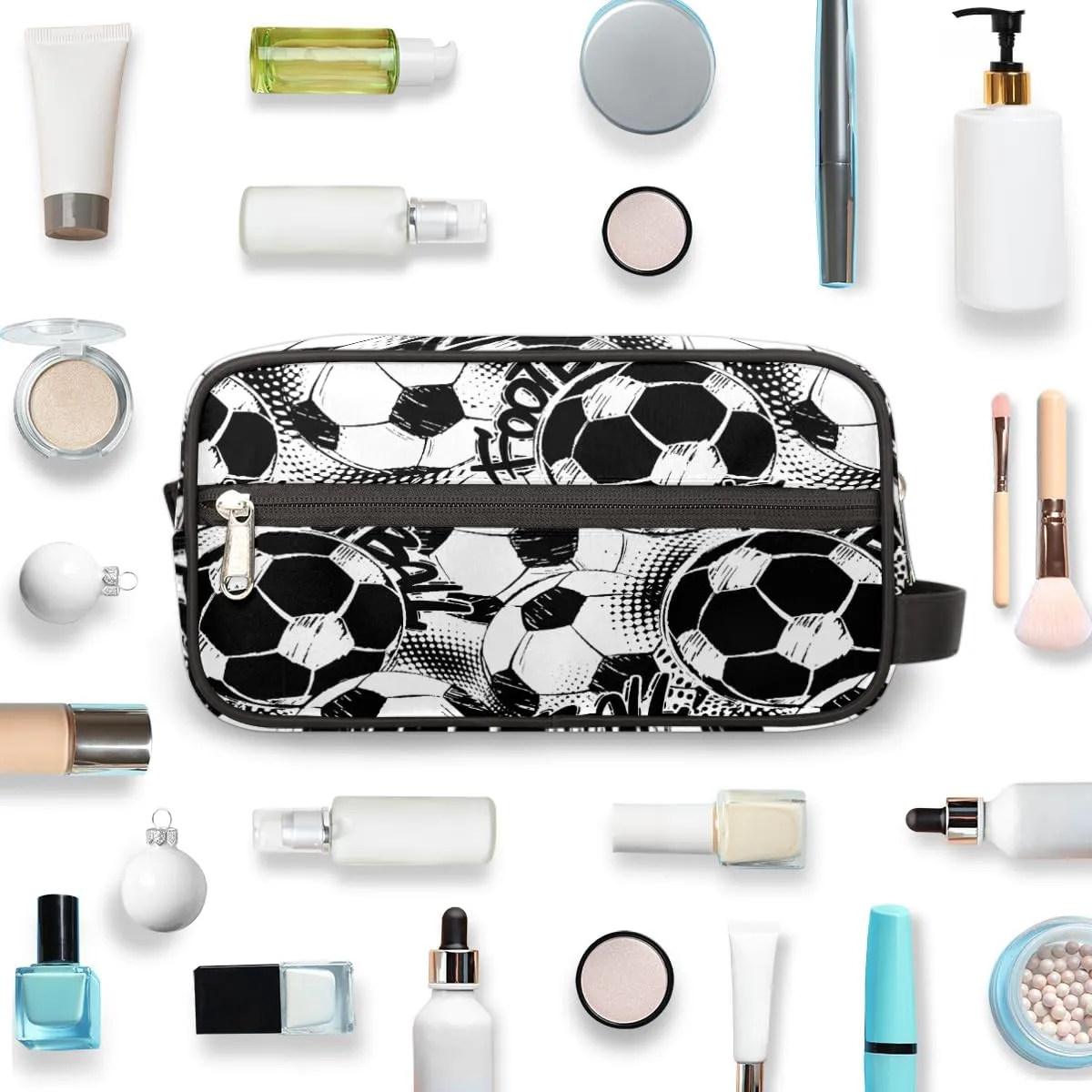 Travel Toiletry Bag for Boys, Waterproof Hanging Dopp Kit for Men, Shaving Bag with Large Capacity for Travel,Sports Shower (Black White Soccer)