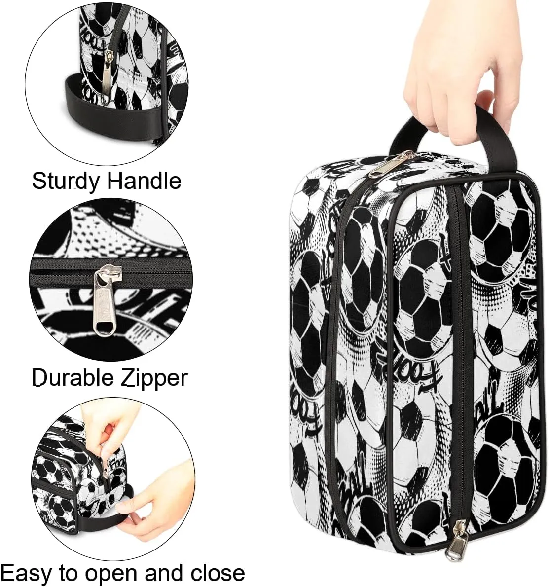 Travel Toiletry Bag for Boys, Waterproof Hanging Dopp Kit for Men, Shaving Bag with Large Capacity for Travel,Sports Shower (Black White Soccer)