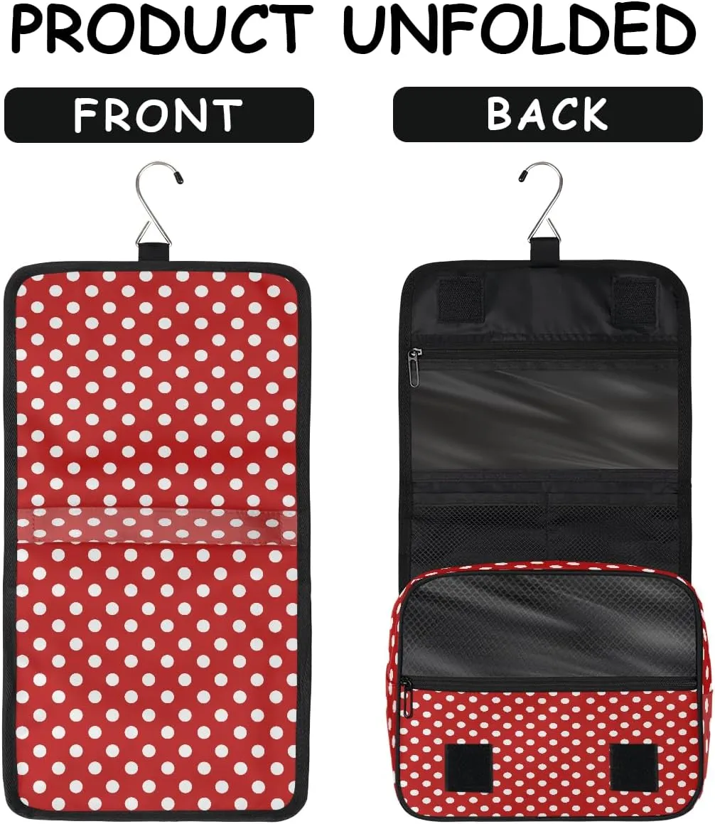 Travel Toiletry Bag for Women & Men Red White Polka Dot Hanging Cosmetic Organizer Portable Waterproof Makeup Case Make Up Bag with Compartments Travel Essentials for Bathroom Shower