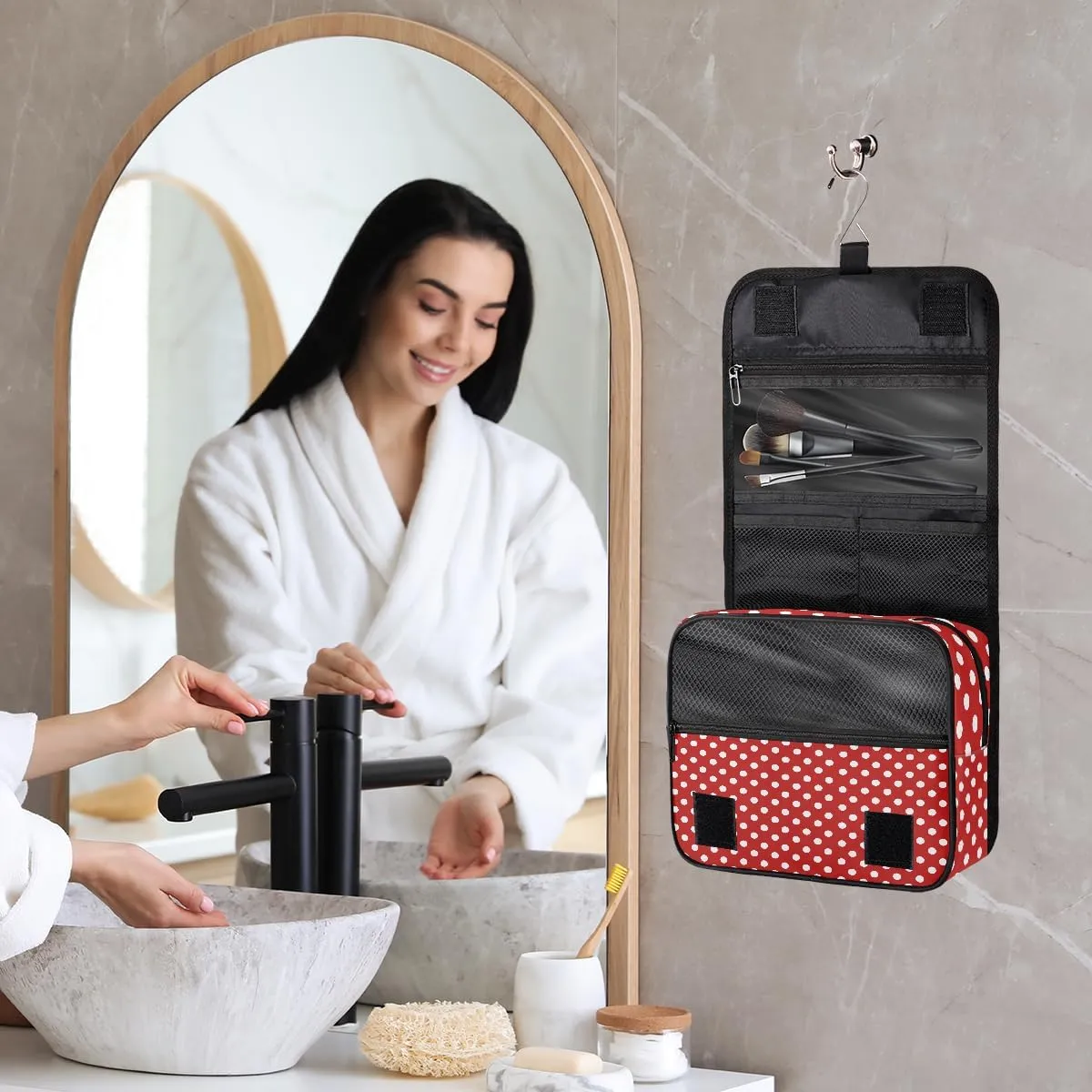 Travel Toiletry Bag for Women & Men Red White Polka Dot Hanging Cosmetic Organizer Portable Waterproof Makeup Case Make Up Bag with Compartments Travel Essentials for Bathroom Shower