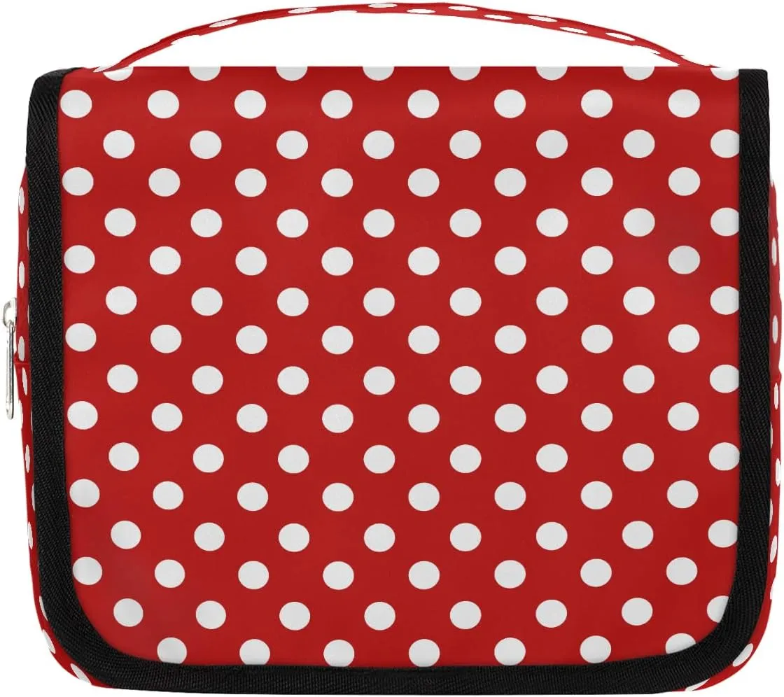 Travel Toiletry Bag for Women & Men Red White Polka Dot Hanging Cosmetic Organizer Portable Waterproof Makeup Case Make Up Bag with Compartments Travel Essentials for Bathroom Shower