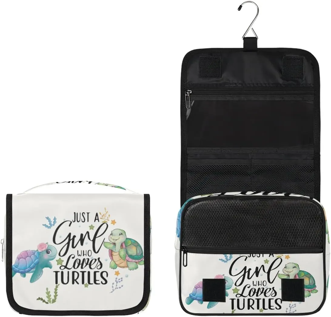 Travel Toiletry Bag for Women Girls with Hanging Hook Cute Teal Green Turtle Ocean Animal Nautical Makeup Cosmetic Bag Organizer Travel Bag for Toiletries Essentials Accessories, Large Size