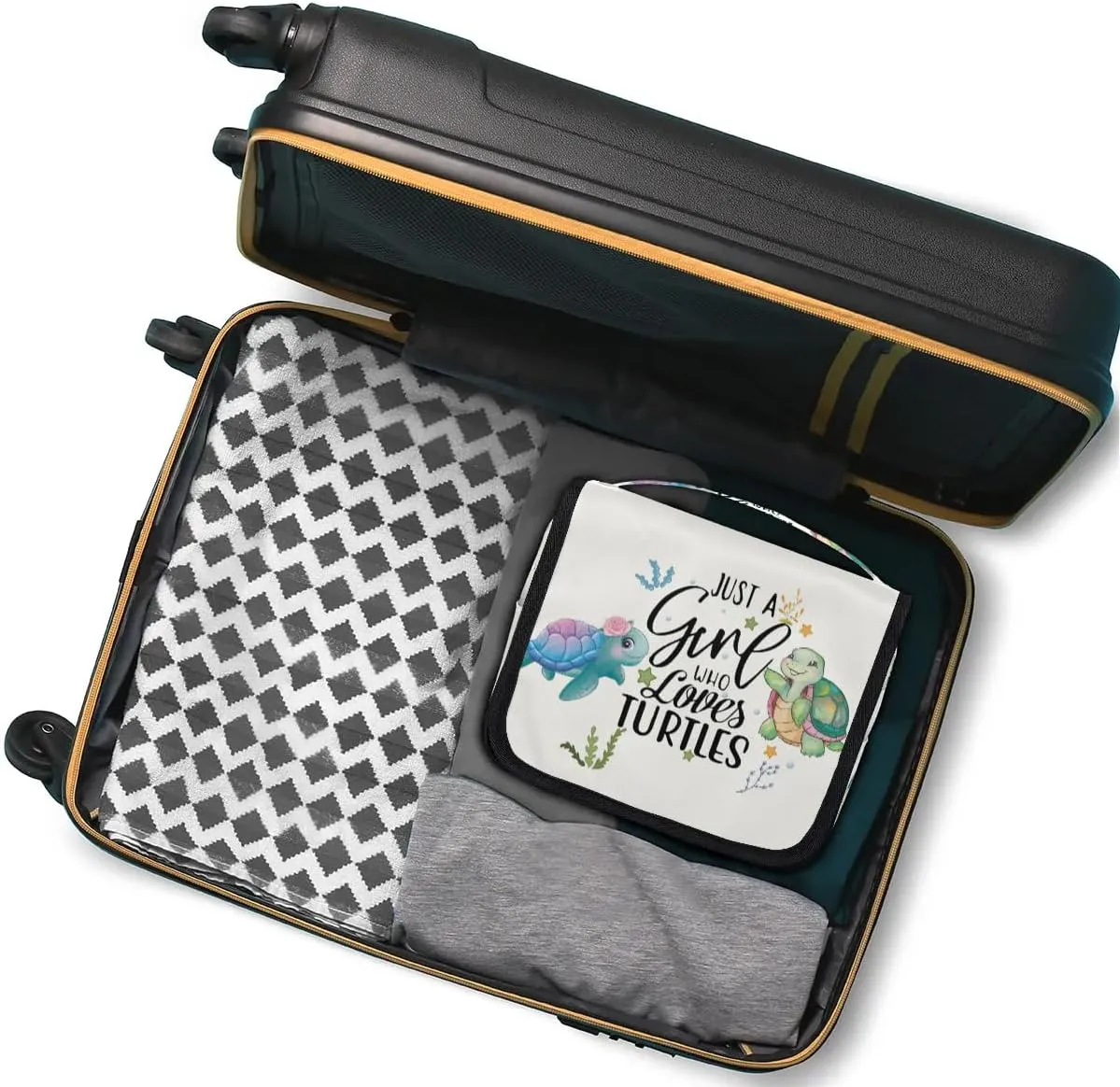 Travel Toiletry Bag for Women Girls with Hanging Hook Cute Teal Green Turtle Ocean Animal Nautical Makeup Cosmetic Bag Organizer Travel Bag for Toiletries Essentials Accessories, Large Size