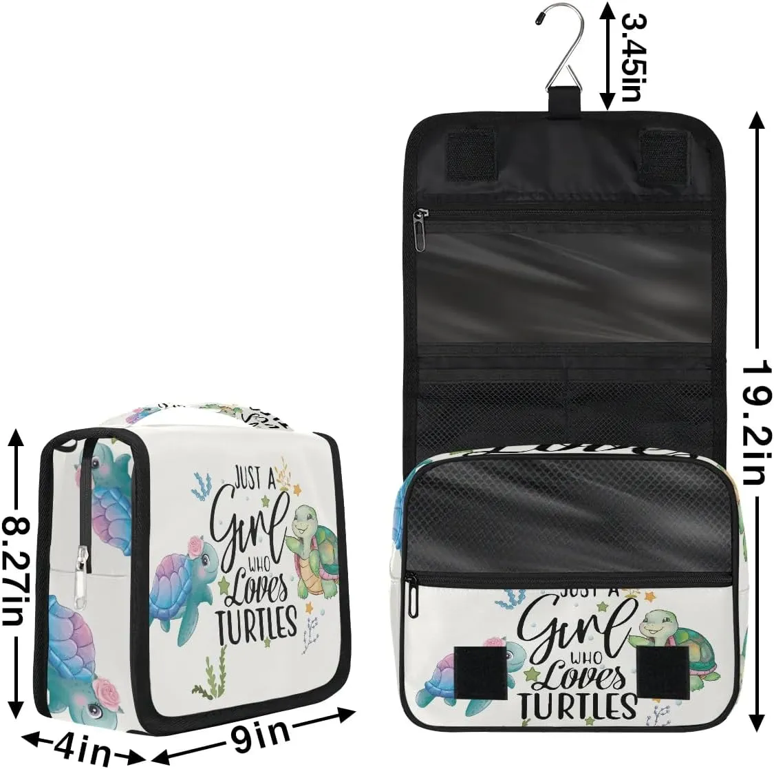 Travel Toiletry Bag for Women Girls with Hanging Hook Cute Teal Green Turtle Ocean Animal Nautical Makeup Cosmetic Bag Organizer Travel Bag for Toiletries Essentials Accessories, Large Size