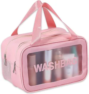 Travel Toiletry Bag,Clear Makeup Bag,Cosmetics Bag,Transparent Skin Care Bag,Waterproof & Draining Make up Bags,PVC Toiletry Organizer Thickened Wash Bag for Women Men (Medium-Pink)