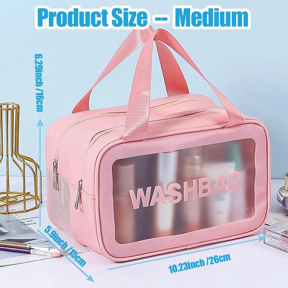 Travel Toiletry Bag,Clear Makeup Bag,Cosmetics Bag,Transparent Skin Care Bag,Waterproof & Draining Make up Bags,PVC Toiletry Organizer Thickened Wash Bag for Women Men (Medium-Pink)