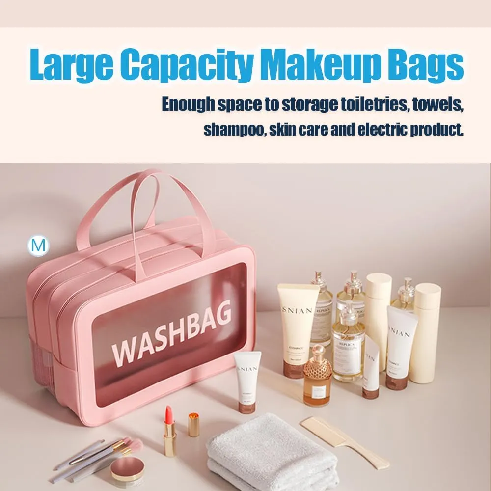 Travel Toiletry Bag,Clear Makeup Bag,Cosmetics Bag,Transparent Skin Care Bag,Waterproof & Draining Make up Bags,PVC Toiletry Organizer Thickened Wash Bag for Women Men (Medium-Pink)