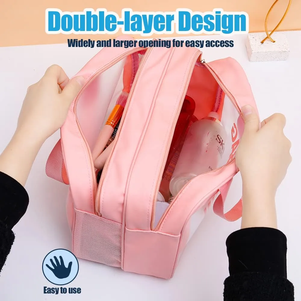 Travel Toiletry Bag,Clear Makeup Bag,Cosmetics Bag,Transparent Skin Care Bag,Waterproof & Draining Make up Bags,PVC Toiletry Organizer Thickened Wash Bag for Women Men (Medium-Pink)