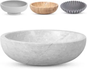 Travertine Decorative Bowl - 7.8” Diameter & 2” Height - Key Bowl for Entryway Table - Organic Modern Centerpiece - White/Gray