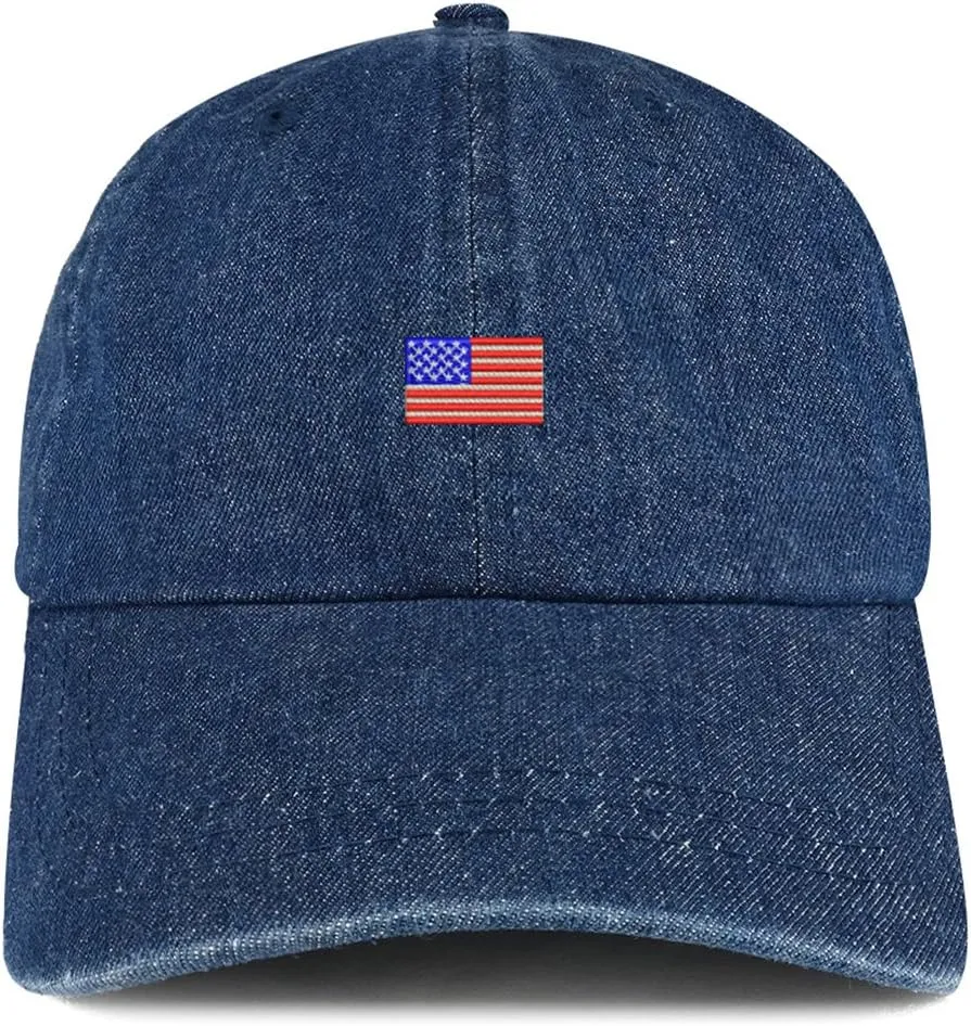 Trendy Apparel Shop US American Flag Small Embroidered 100% Cotton Denim Cap Dad Hat