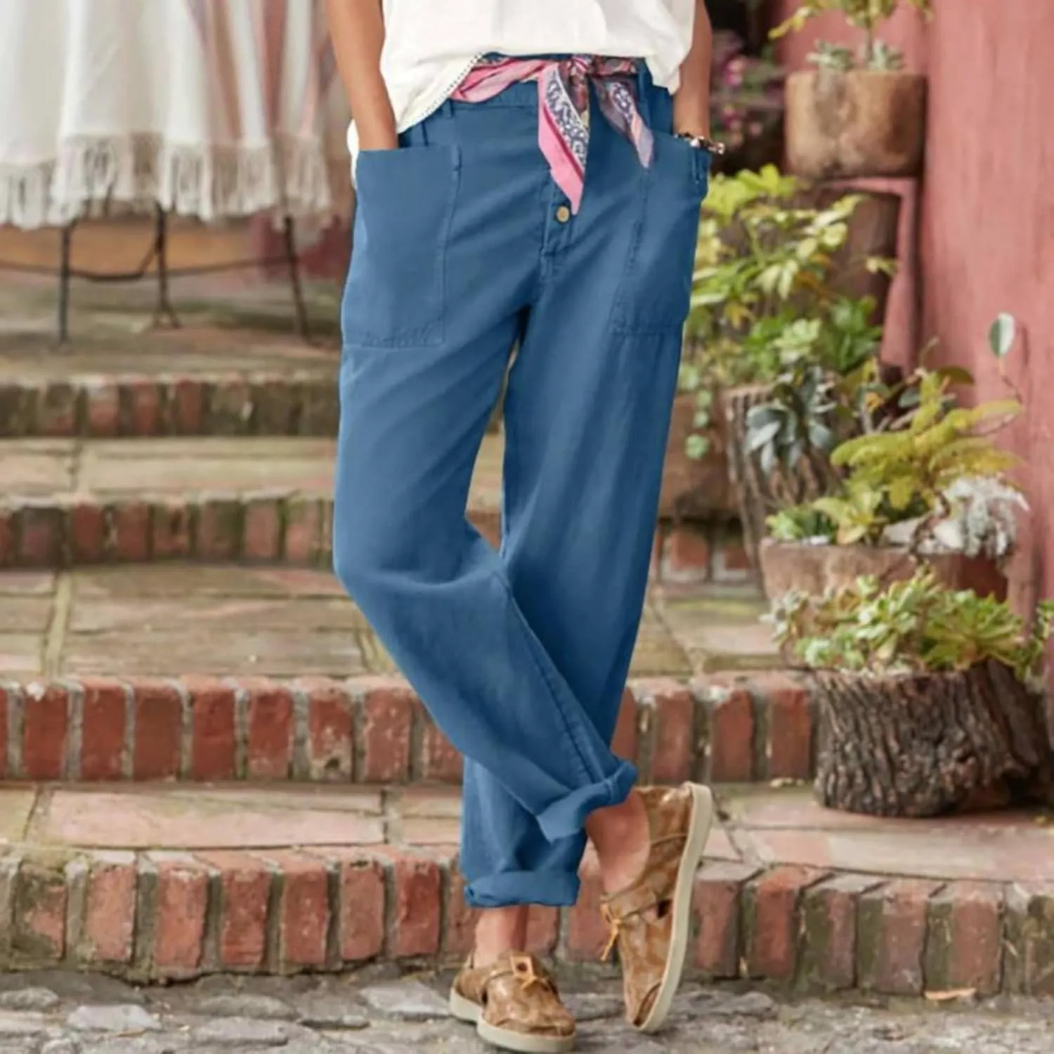 Trendy Button-Fly Straight Leg Pants for Women 2024 Spring Cotton Linen High Waist Lounge Slacks Plus Size Solid Casual Pants