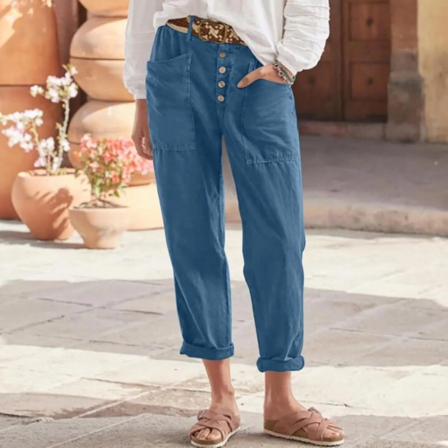 Trendy Button-Fly Straight Leg Pants for Women 2024 Spring Cotton Linen High Waist Lounge Slacks Plus Size Solid Casual Pants