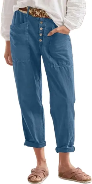 Trendy Button-Fly Straight Leg Pants for Women 2024 Spring Cotton Linen High Waist Lounge Slacks Plus Size Solid Casual Pants