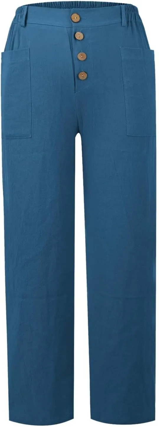 Trendy Button-Fly Straight Leg Pants for Women 2024 Spring Cotton Linen High Waist Lounge Slacks Plus Size Solid Casual Pants