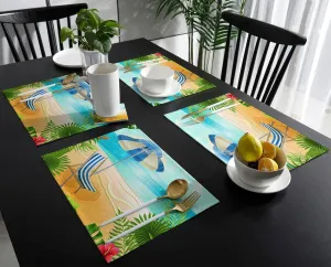 Tropical Summer Beach Placemats for Dining Table Set of 6, Cotton Linen Cloth for Square/Rectangle/Round Table Mat Placemat, Blue Sky Deck Chair Palm Tree Kitchen Dinner Holiday Décor
