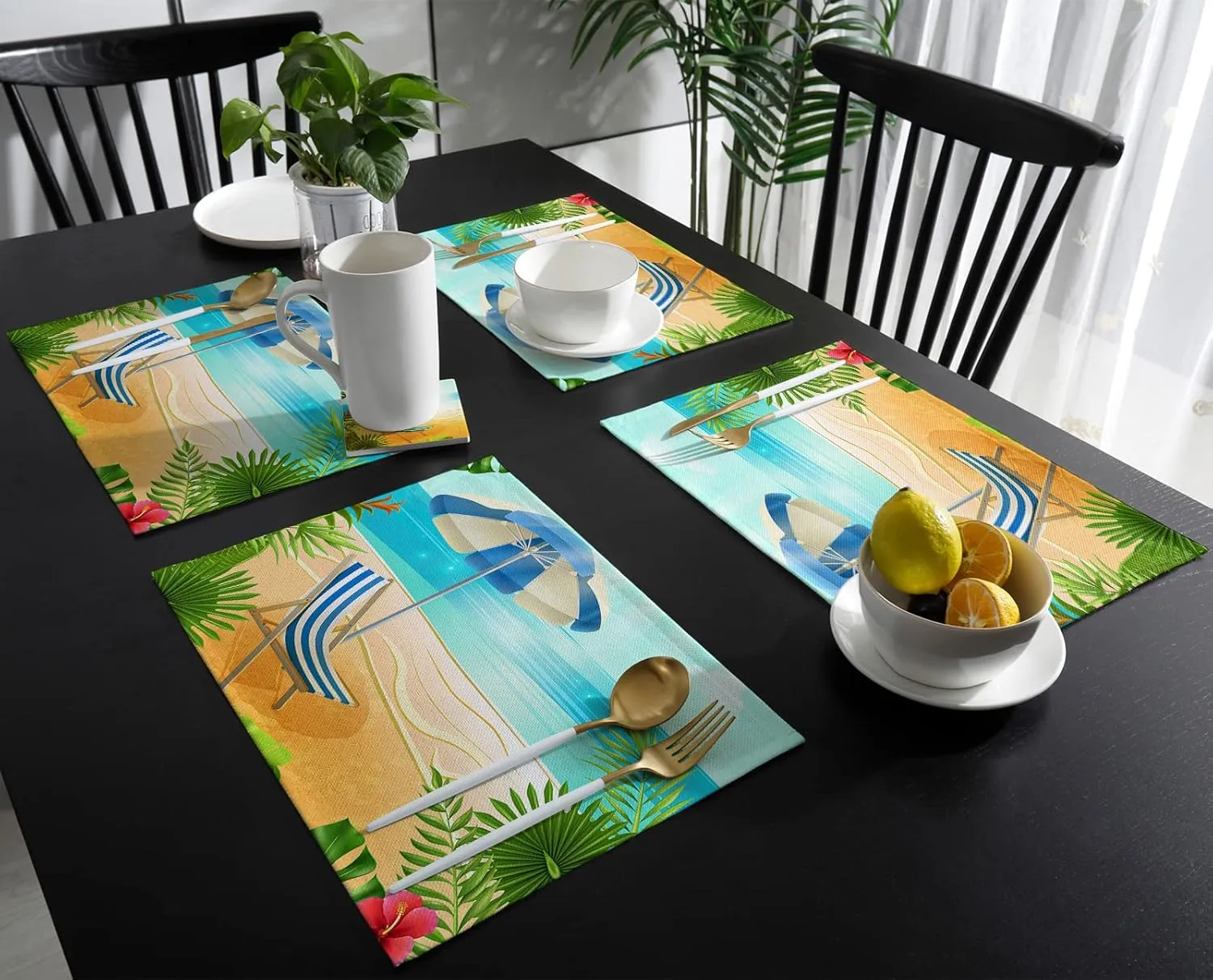 Tropical Summer Beach Placemats for Dining Table Set of 6, Cotton Linen Cloth for Square/Rectangle/Round Table Mat Placemat, Blue Sky Deck Chair Palm Tree Kitchen Dinner Holiday Décor