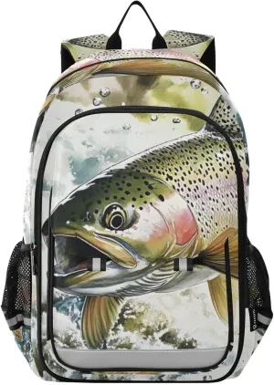 Trout Fish River Backpack Travel Laptop Daypack Shoulder Bag Book Bag Daypack with Reflective Strip 12.9 ×17.7 In