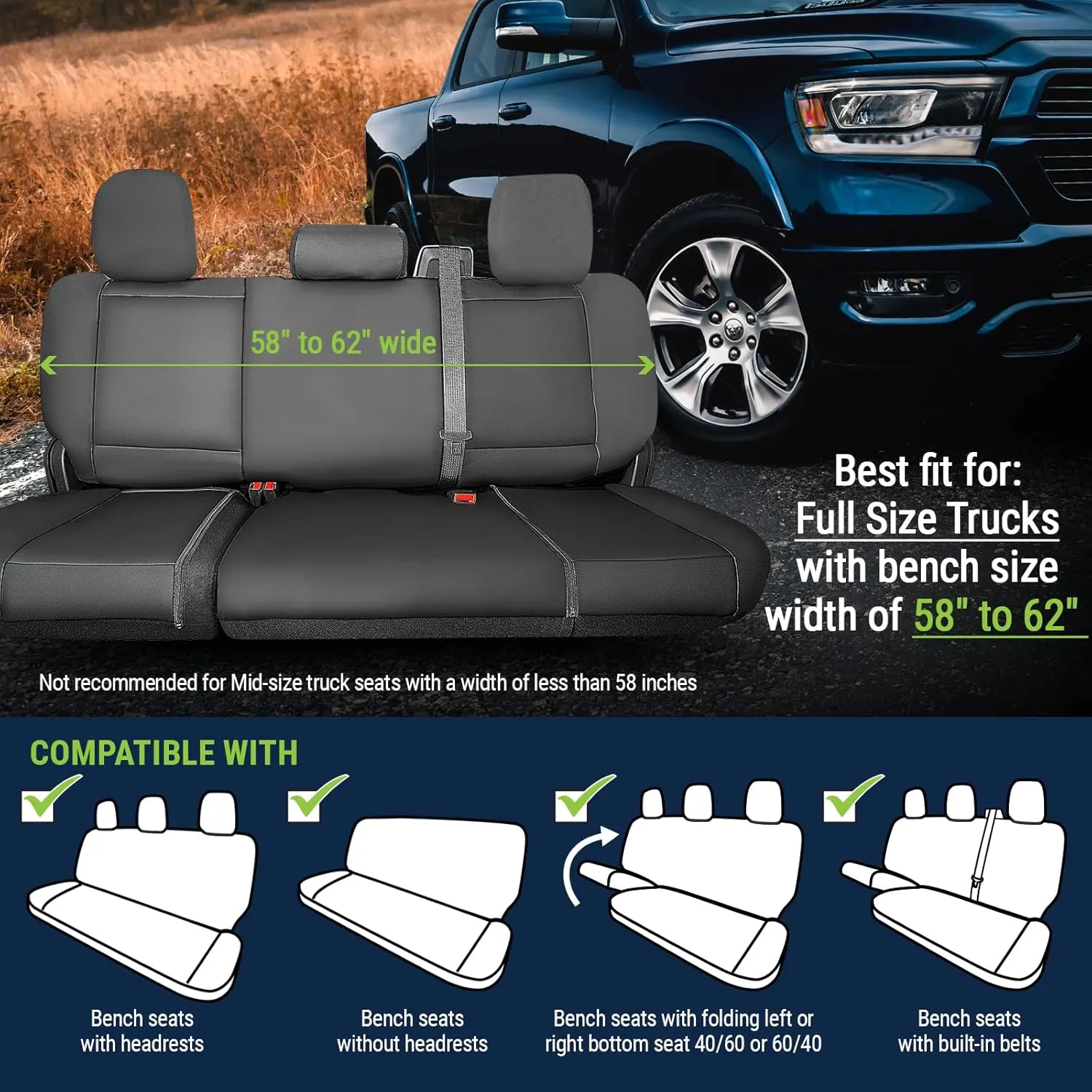 Truck Bench Seat Cover; Universal Design Fits Silverado F-150 Ram Sierra Titan Tundra Full-Size Pick-up Trucks; Faux Leather; All Folding Bench,Split or Standard Seats, Black (1370036SG)