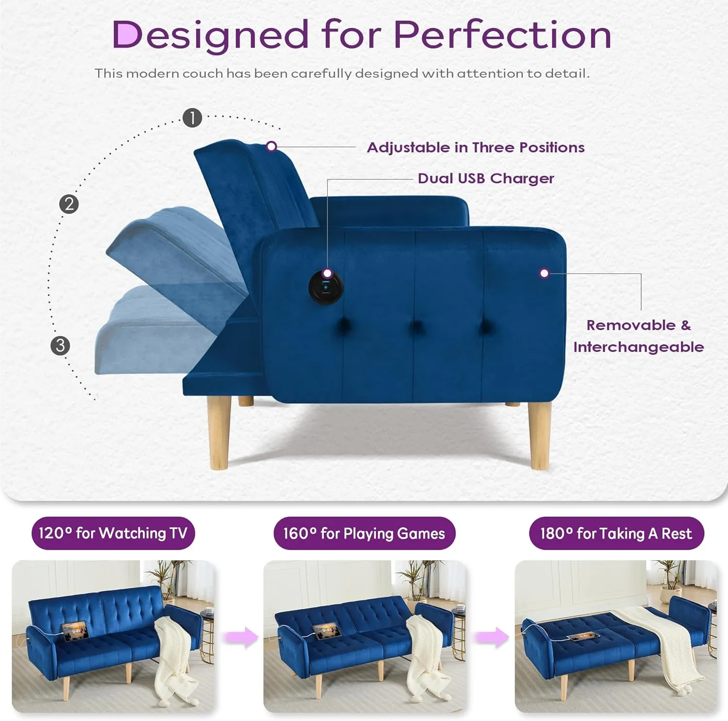 TYBOATLE 65" W Velvet Modern Convertible Folding Futon Couch Sofa Bed w/ 2 USB Charging Ports for Compact Living Space, Small Couches for Office, Dorm, RV Room, Apartment, Bedroom (Navy Blue)