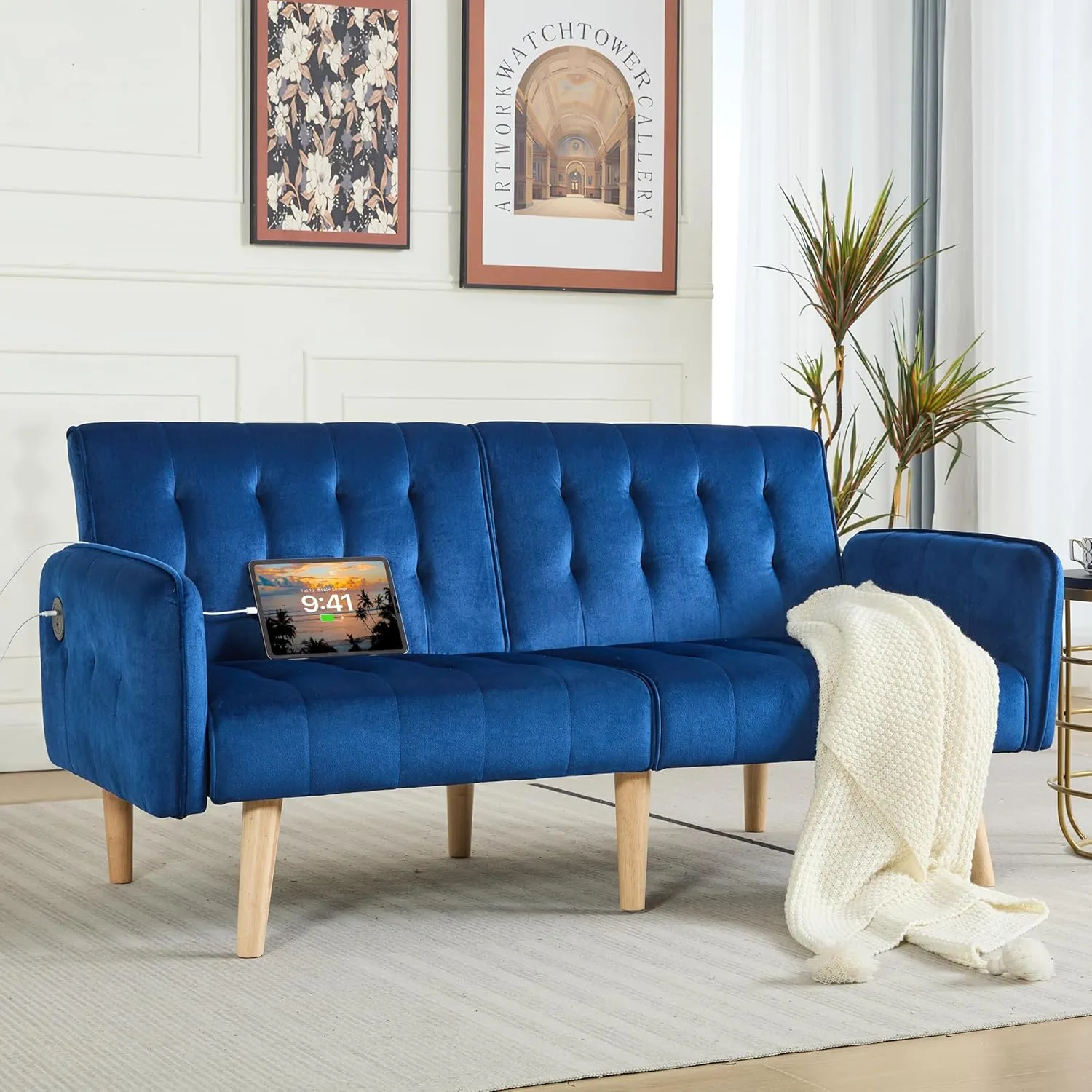 TYBOATLE 65" W Velvet Modern Convertible Folding Futon Couch Sofa Bed w/ 2 USB Charging Ports for Compact Living Space, Small Couches for Office, Dorm, RV Room, Apartment, Bedroom (Navy Blue)