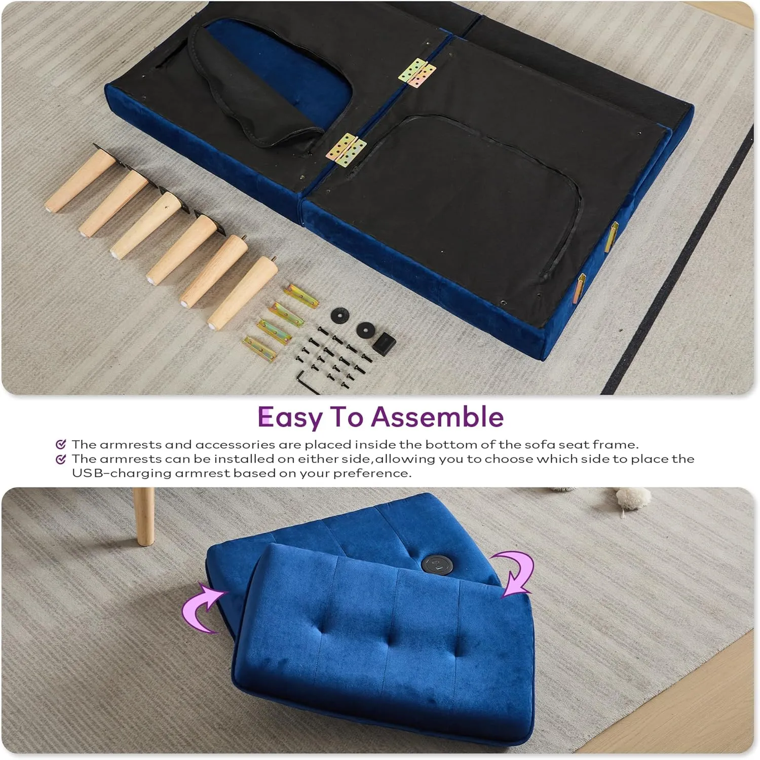 TYBOATLE 65" W Velvet Modern Convertible Folding Futon Couch Sofa Bed w/ 2 USB Charging Ports for Compact Living Space, Small Couches for Office, Dorm, RV Room, Apartment, Bedroom (Navy Blue)