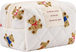 uekeboag Cute Small Quilted Cotton Makeup Pouch for Women and girls,Coquette Quilted Toiletry Bag,Animal Coquette Mini Bag, Kawaii Travel Cosmetic Bags(01Little Bear)