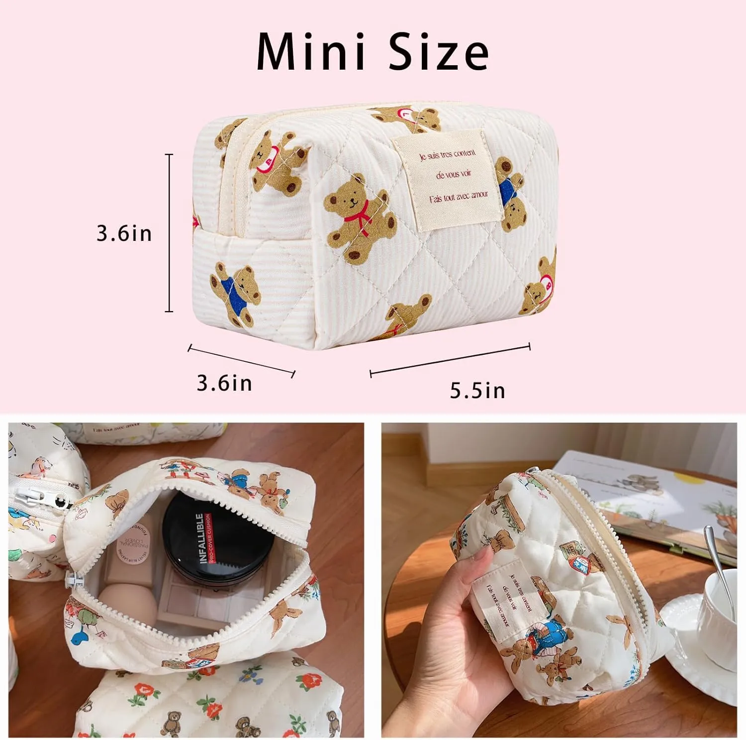 uekeboag Cute Small Quilted Cotton Makeup Pouch for Women and girls,Coquette Quilted Toiletry Bag,Animal Coquette Mini Bag, Kawaii Travel Cosmetic Bags(01Little Bear)