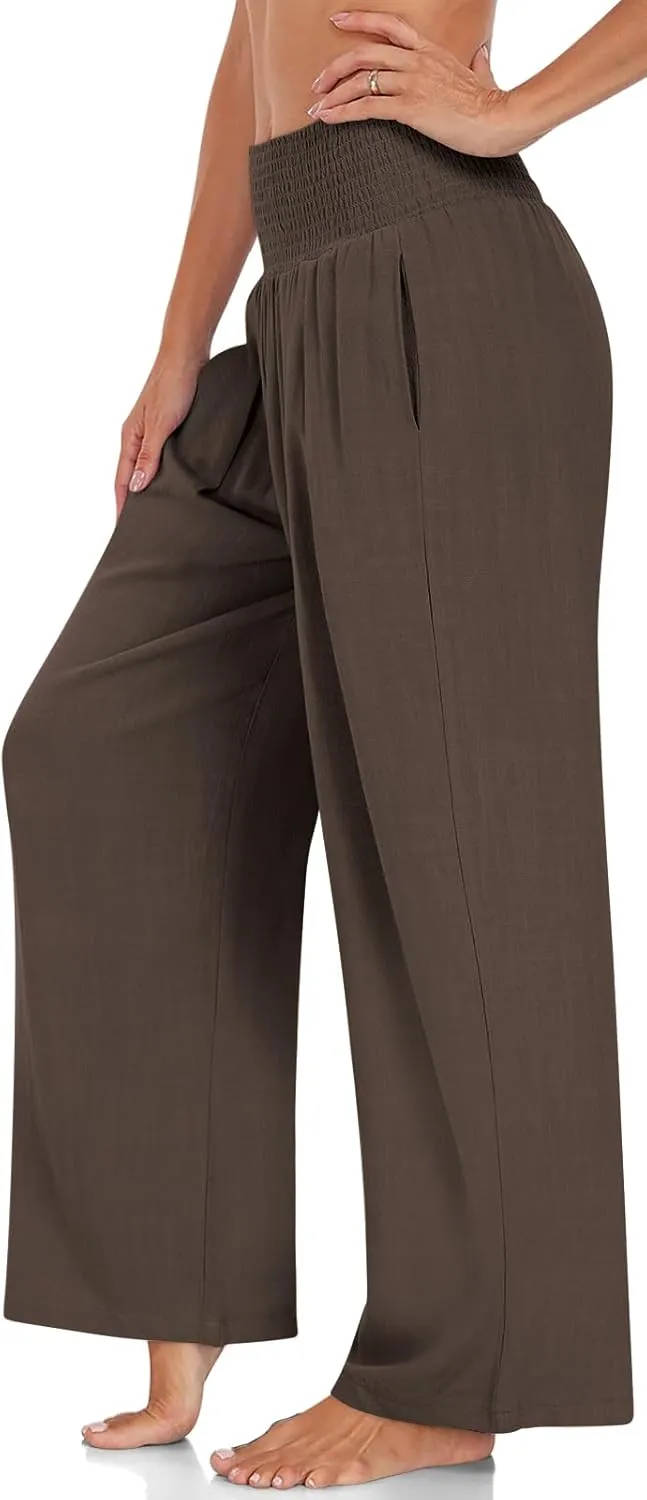UEU Women's Linen Palazzo Pants Wide Leg High Waisted Lounge Casual Beach Pants with Pockets